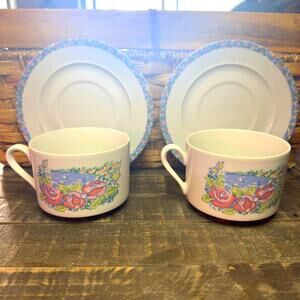 ALPAC Vintage Porcelain Large Cups And Saucers With Floral & Water Depiction